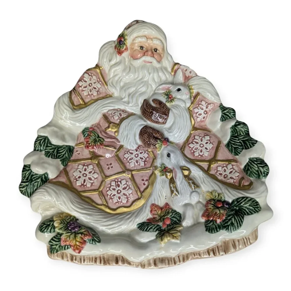 Vintage 1996 Fitz & Floyd Figural Christmas Santa Plate w/Rabbits & Snowflakes